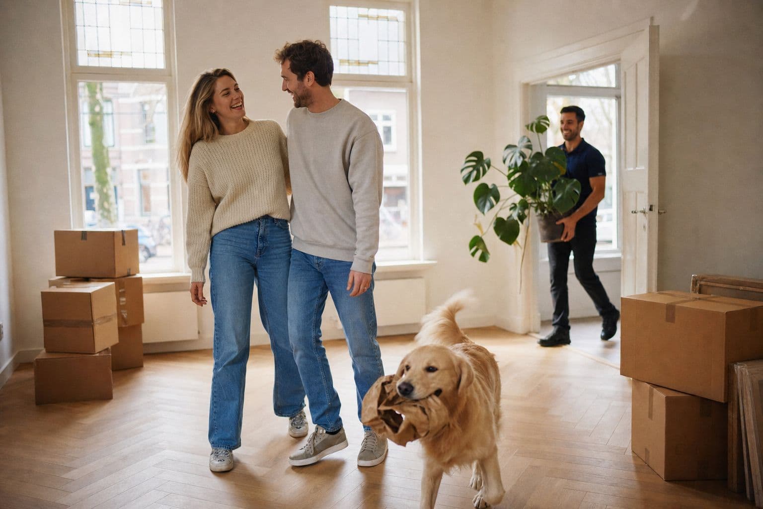 Stel met hond in een lege woonkamer klaar voor de verhuizing