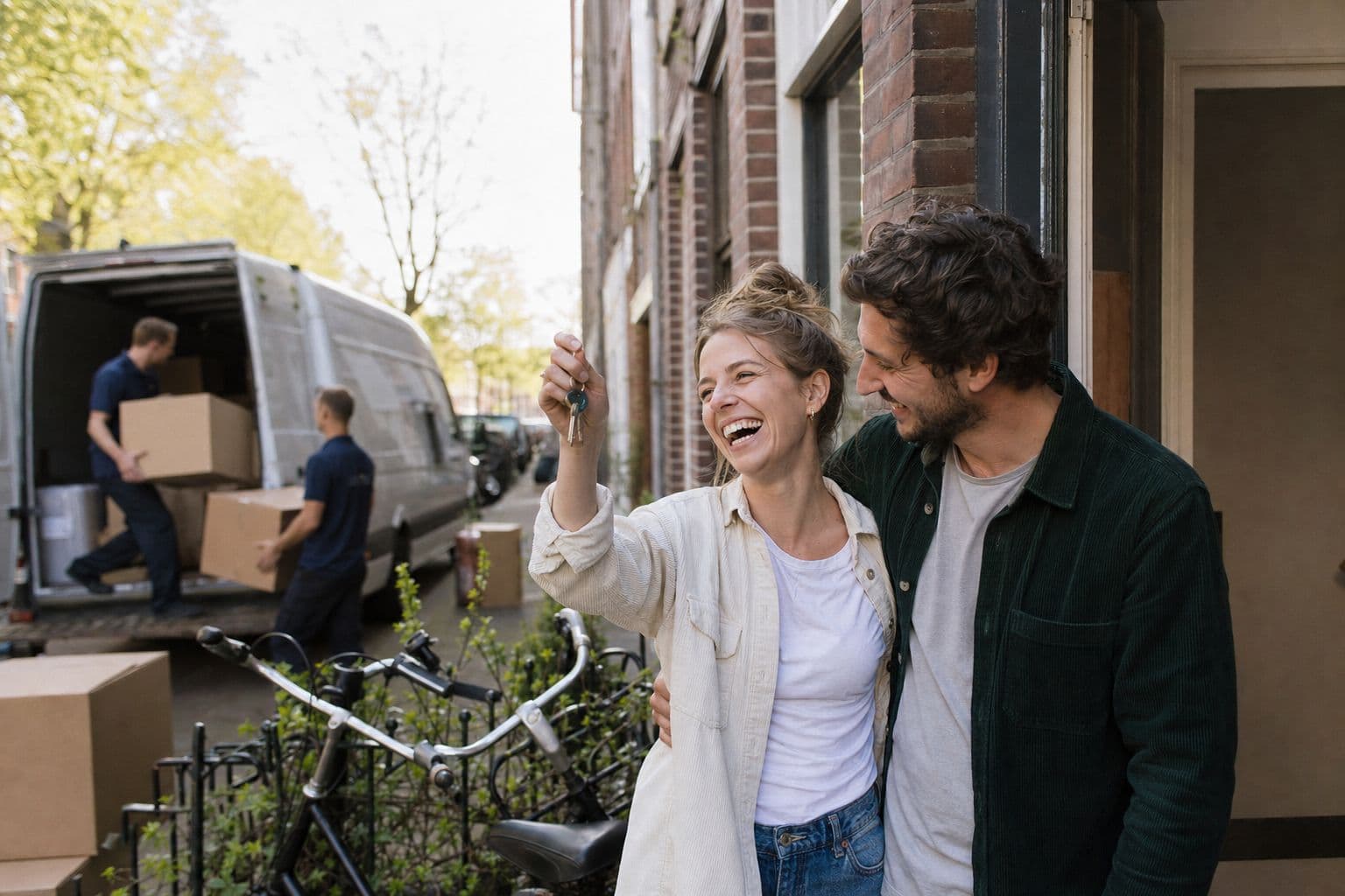 Stel met de sleutels van hun nieuwe woning op de stoep