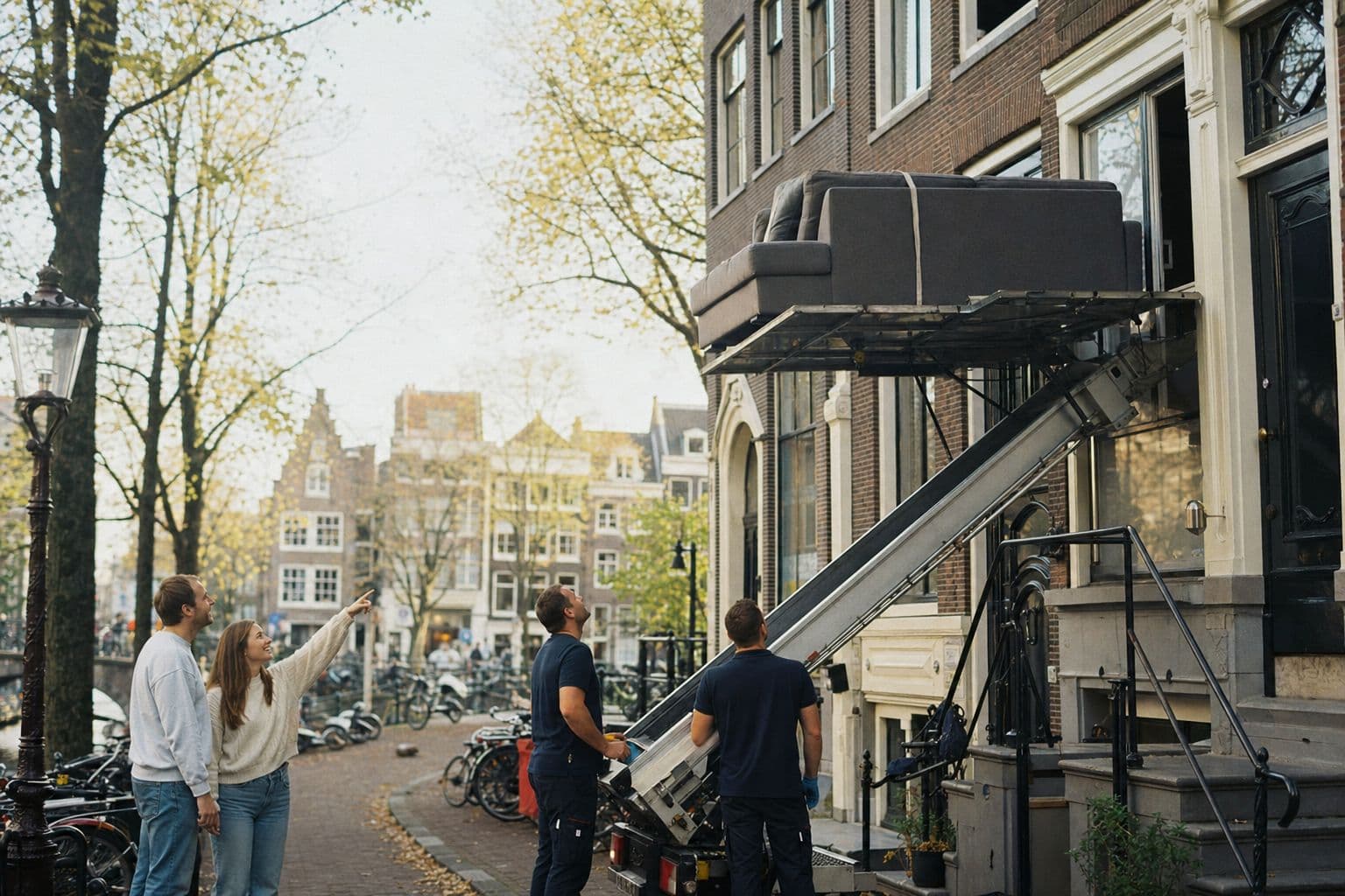 Verhuislift bij een grachtenpand tijdens een verhuizing